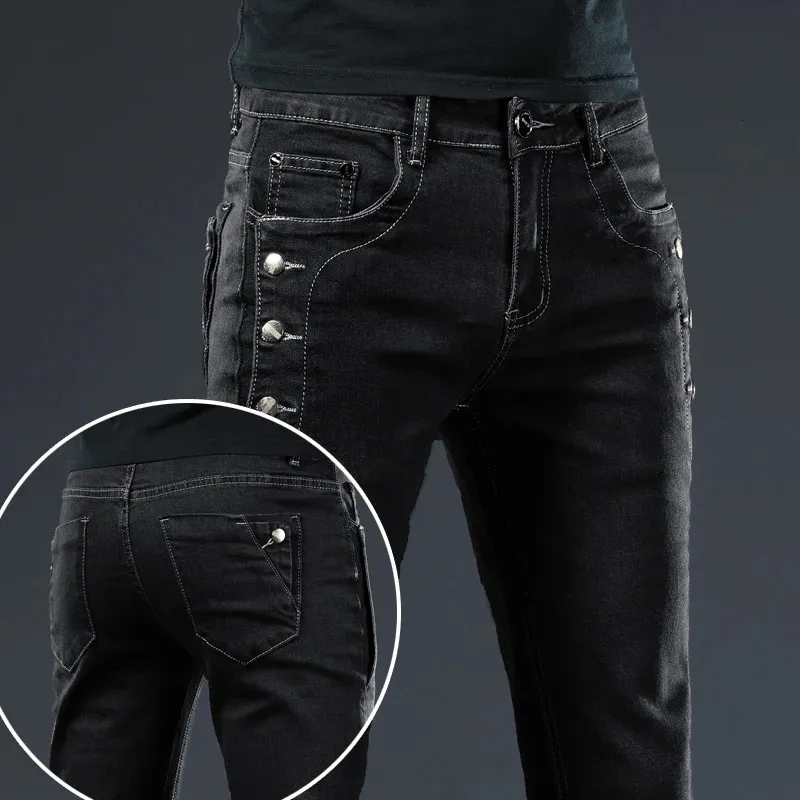 Trendy Men Clothing Slim Button Black Jeans Solid Color Stretch Skateboard Multibutton Youth Male Skinny Denim Pants 240104