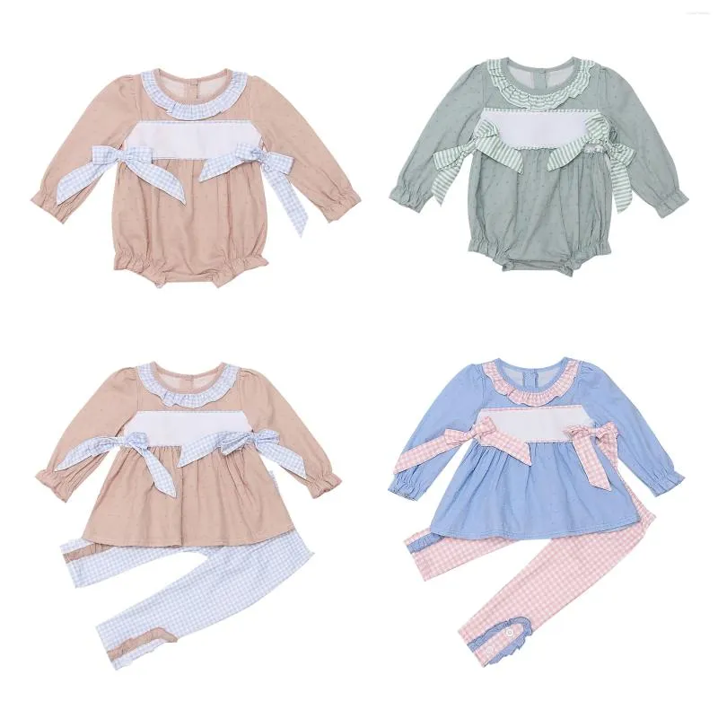 Conjuntos de roupas Nome personalizado Macacão Bebê Manga Longa Conjunto Menina Roupas Romper Bubble Terno Bordado Bodysuit Ruffle Outfits Swiss Point Calças