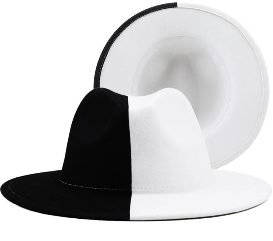 Svart vit lapptäcke ull filt jazz fedora hatt kvinnor unisex bred brim panama party trilby cowboy cap män gentleman bröllop hatt 224331067