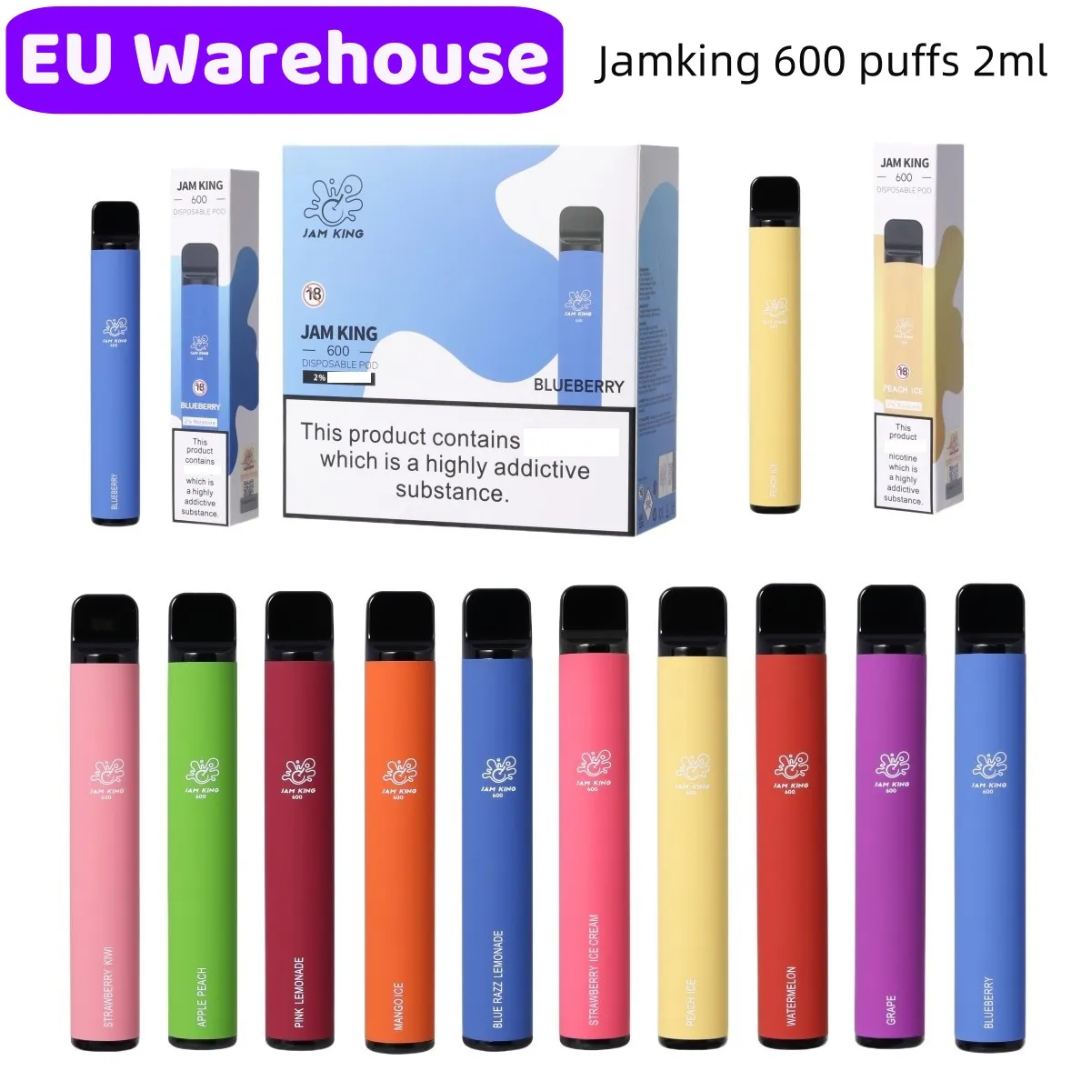 Jam King EU Entrepôt Vapes Puff Bars 600 2ml E-jus 10 Saveurs Cigarette Jetable En Gros Vape Stick 550mAh Batterie 20mg Nic Mesh Coil