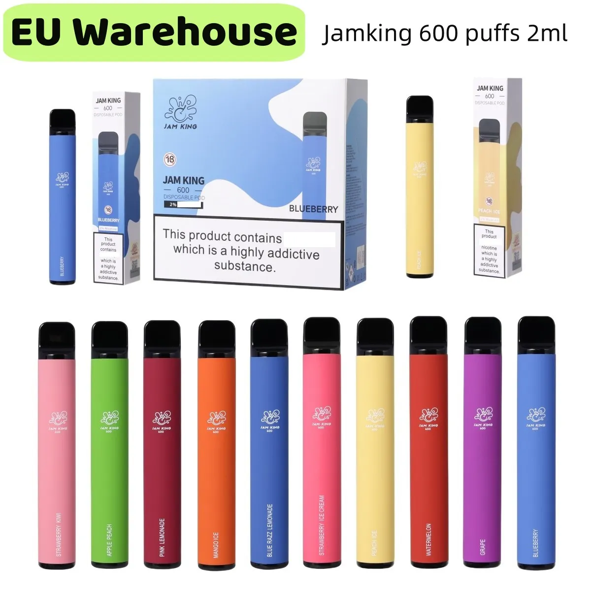 Jam King EU Stock Vaporizer Vapes Puff 600 2ML E-JUICE 10 Flavors Disponibla Cigarett China Wholesale Vape Stick 550mAh Batteri 20 mg Nic Mesh Coil