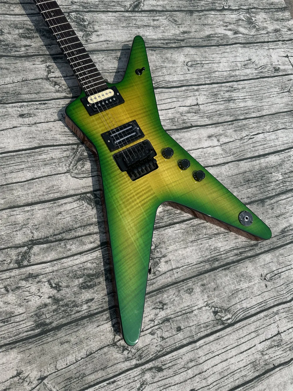Irregular electric guitar, black double shake, imported wood and paint, green tiger pattern, bright light, in stock, fast shipping
