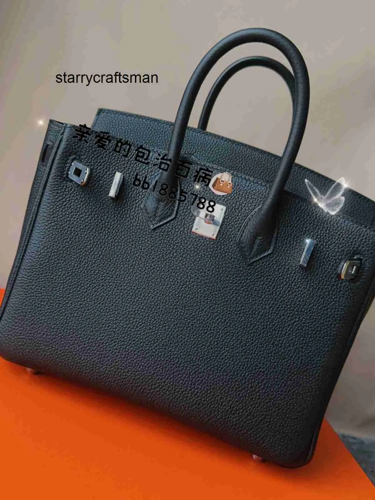 Women Handbag Bk Bk Black 25cm Silver Buckle German Togo Calf Leather Full Hand Honey Wax Thread Handbag for Women