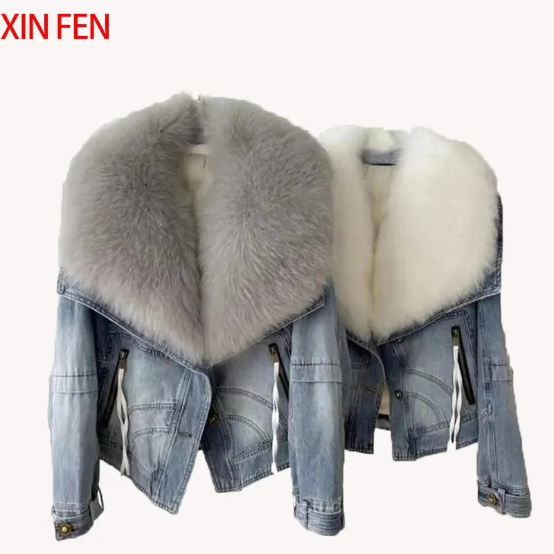 Hiver Femmes Luxury Natural True Fox Fur For Big Collar GOOSE DOWN DENIM DOWN Vestes Courtette de veste décontractée chaude 240105