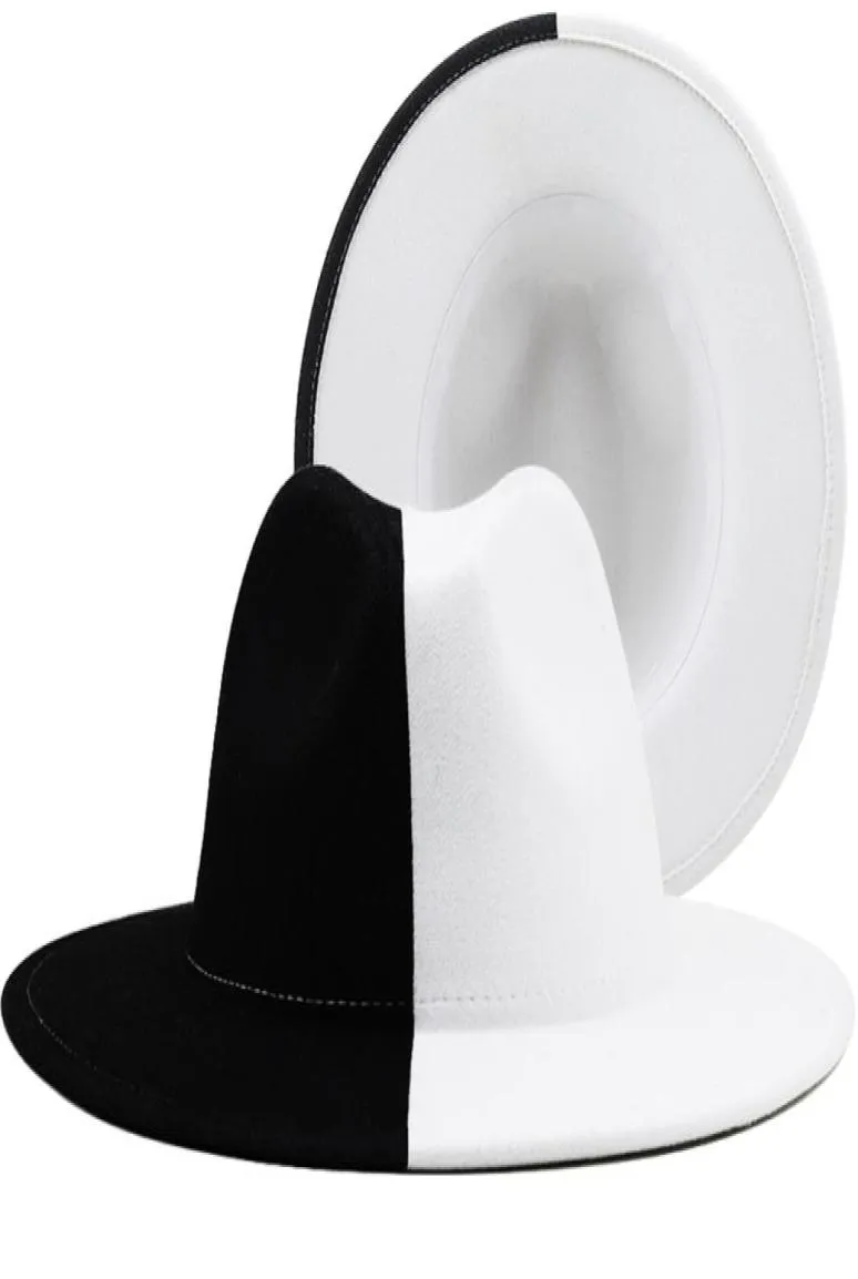 Black White Patchwork Wool Felt Jazz Fedora Hat Women للجنسين على نطاق واسع Brim Panama Party Trilby Cowboy Cap Men Gentleman Wedding Hat 221920063