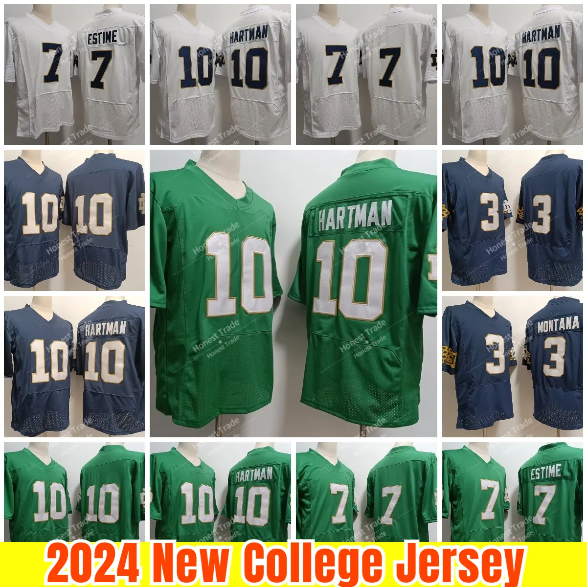 Notre Dame Fighting Irish 10 Sam Hartman Kelly Green 7 Audric Estime 3 Joe Montana Navy Blue Sched Football College Jerseys 3 7 10 Brak nazwy