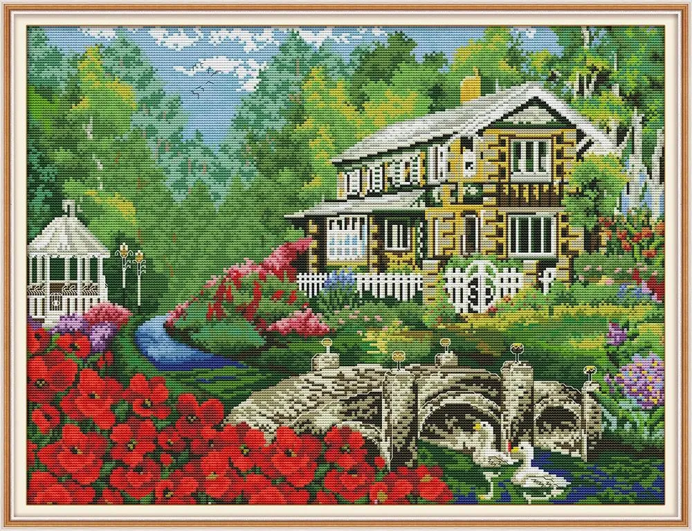 Narzędzia Villa w Woods Home Cross Stitch Zestaw, ręcznie robione zestawy haftu haftowego z haftem krzyżowym zliczone druk na płótnie DMC 14CT /11CT