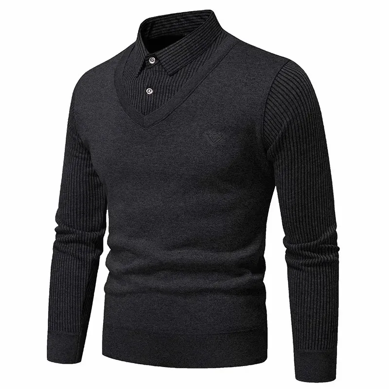 Sous-pull pour hommes, coupe ajustée et polaire, faux col de chemise deux pièces, épais, tricoté chaud, 2023, 240104