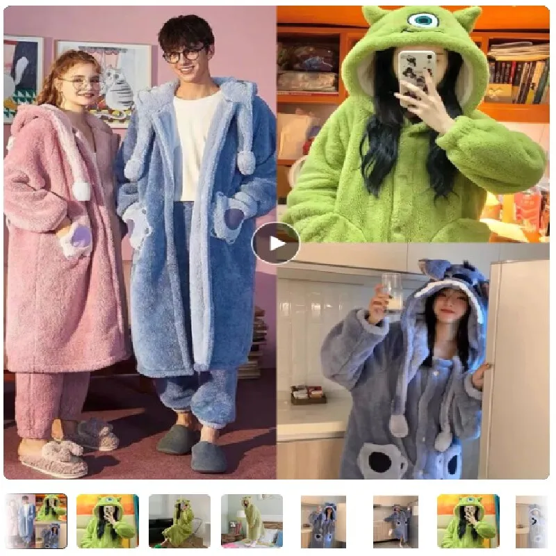 Cartoon couple online celebrity wind pajamas men and women autumn and winter coral velvet long robe suit men plus velvet