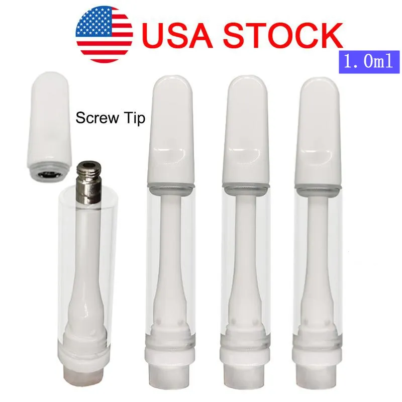 USA STOCK Carrelli in ceramica pieni 1 ml Cartucce di vaporizzazione di olio denso Atomizzatori Senza piombo Vuoti per sigaretta elettronica Punte a vite piatte Bobina in ceramica 510 Atomizzatore V22 Imballaggio in schiuma