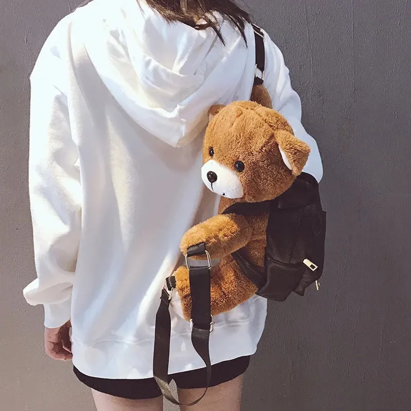 Sac à dos tendance en cuir PU dessin animé en peluche petit ours Style moto grande capacité sac à dos mignon fille sac à dos double taille 240105