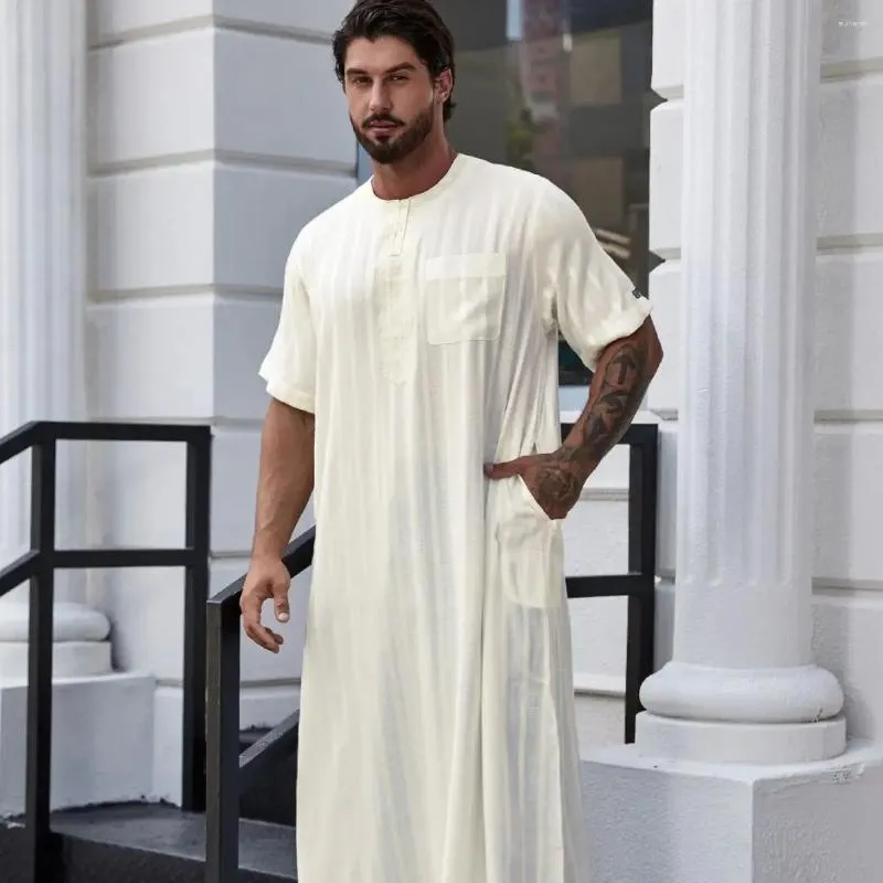 Men s Thobe Solid Color Saudi Jubba Muslim O Neck Short Sleeve Islamic Robe