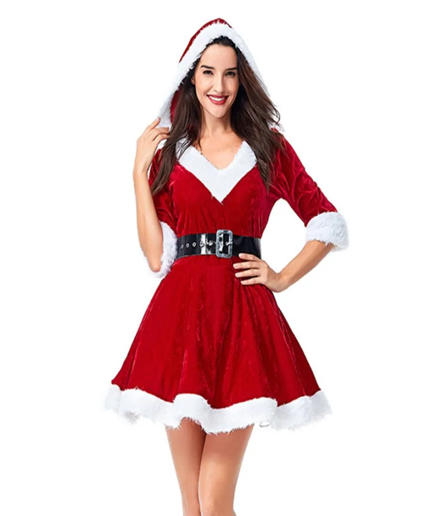 Sfit Mrs Claus-kostuum Kerstrollenspel Outfits Jurk met capuchon voor dames Kerst Cosplaykleding Nieuwjaarsfeest Fancy Dress5629951