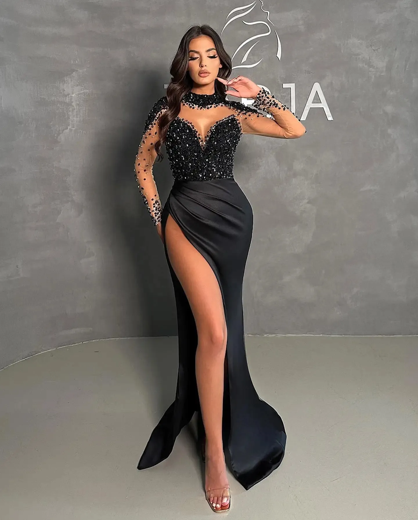 Fashion Black Mermaid Evening Dress Sheer Illusion High Neck Full Sleeves Beaded Sequine Formal Party Gowns Prom Dresses For Women Robe de Soiree