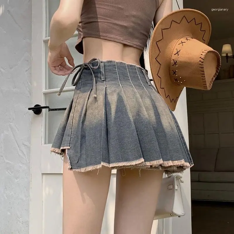 Etekler Kore Piled Kadınlar Denim Bandage Mini Vintage Tatlı Şık Moda Yaz Girlish Street Giyim Sıradan İhale Temel