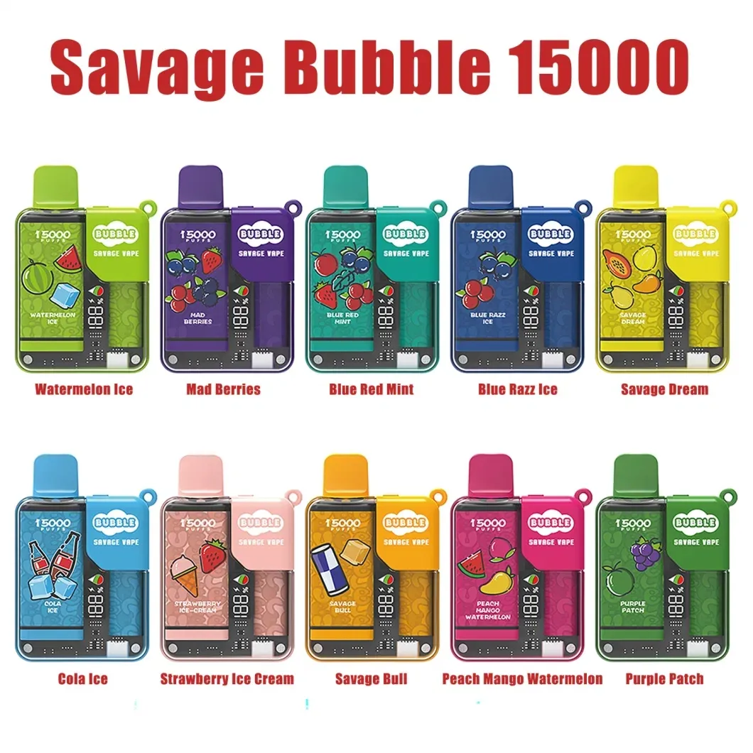 Регулируемый экран дисплея мощности Savage Bubble Puff 15K Одноразовая ручка для вейпа Кальян Электронная сигарета 650 мАч Предварительно заполненные тележки 50 мг E Liquid 15000 затяжек