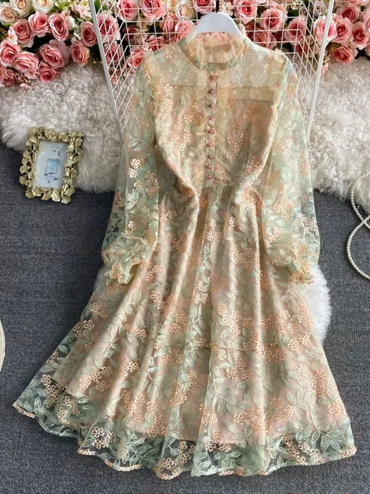 Vestido Floral bordado de encaje de malla de lujo de pasarela, vestido Midi de fiesta de oficina con volantes bordados de flores de manga larga de verano para mujer 240105