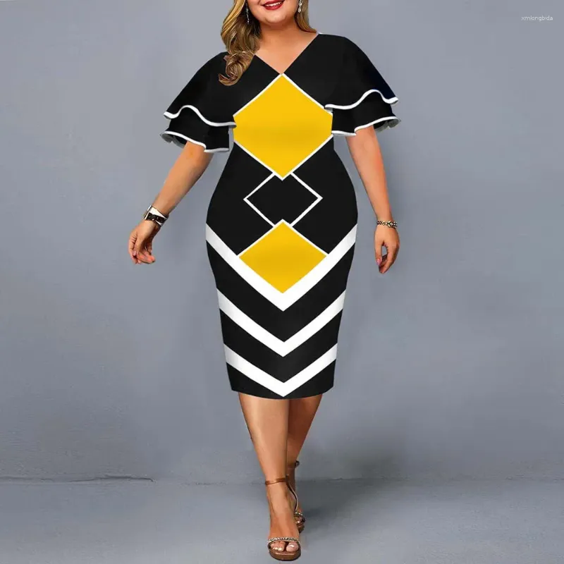 Robes de grande taille robe élégante imprimé géométrique soirée 2024 automne femmes Flare manches courtes jaune décontracté 3XL 4XL 5XL