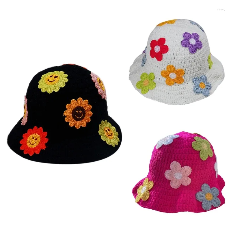 Basker blommor dekor bred grim sommar hink hatt virkning blommig fiskare hattar för kvinnor hudvänlig stor mössa