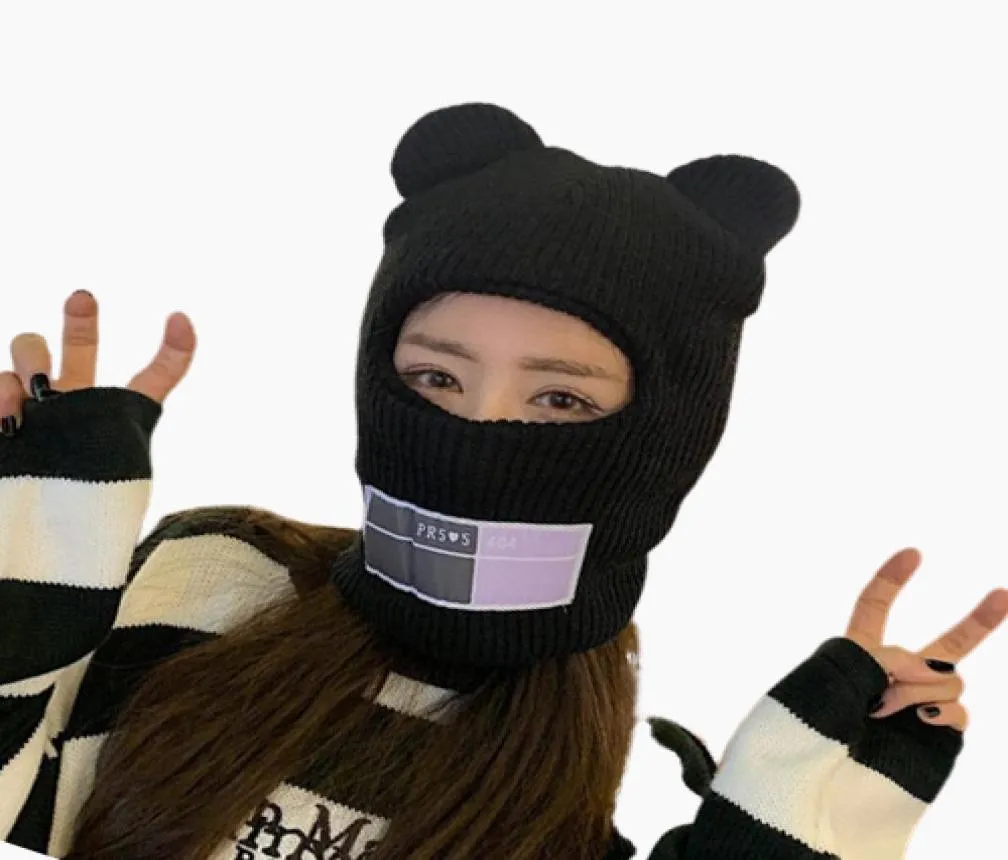 Beanieskull Caps Bear Ears Balaclava Ladies 1 Hole Ski Mask Handmase virkning full ansikte Wooly hatt söt tjej vinter streetwear varm8735081