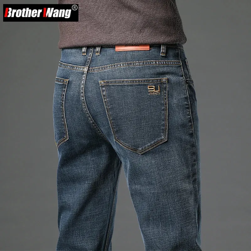 Herfst heren katoenen stretch slanke jeans rechte versie zakelijke mode denim broek vintage blauwe merkbroek zwart 240104