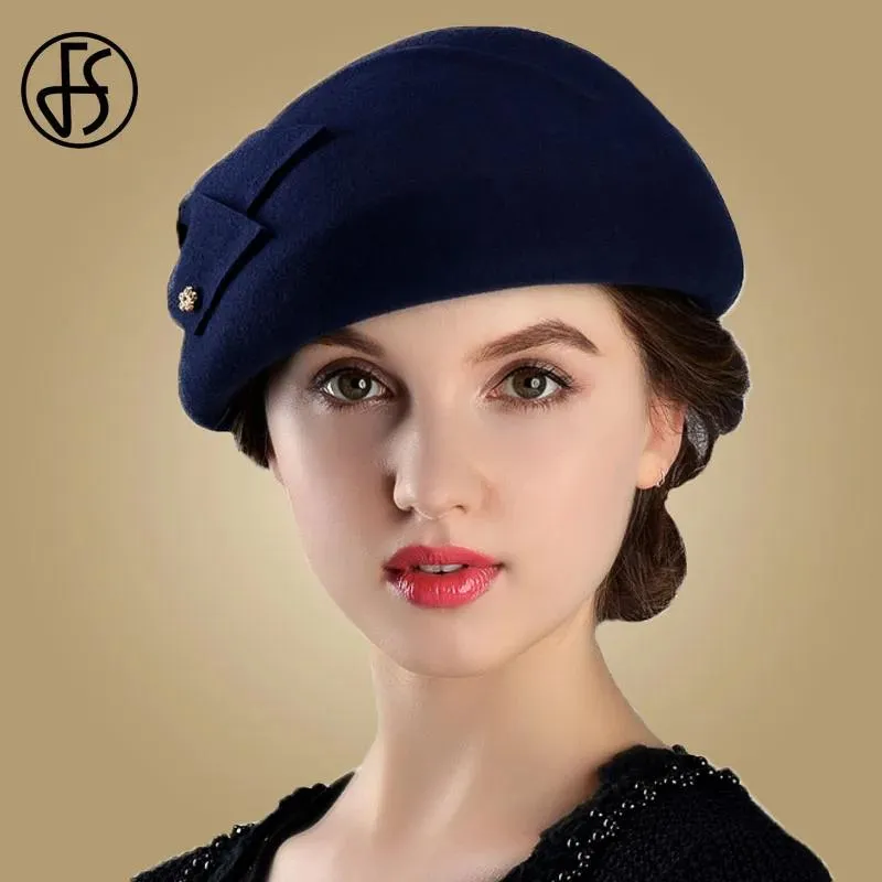Caps Fs French Berets Caps for Women Fashion 100% Wool Felt Fedora Hat Winter Blue Purple Red Church Female Vintage Cloche Hats