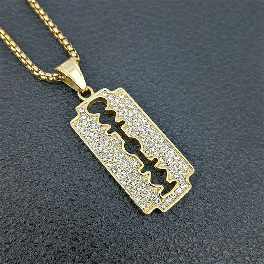 Hip Hop lame pendentif pour hommes couleur dorée 14k or jaune rasoir colliers mâle glacé Bling strass bijoux