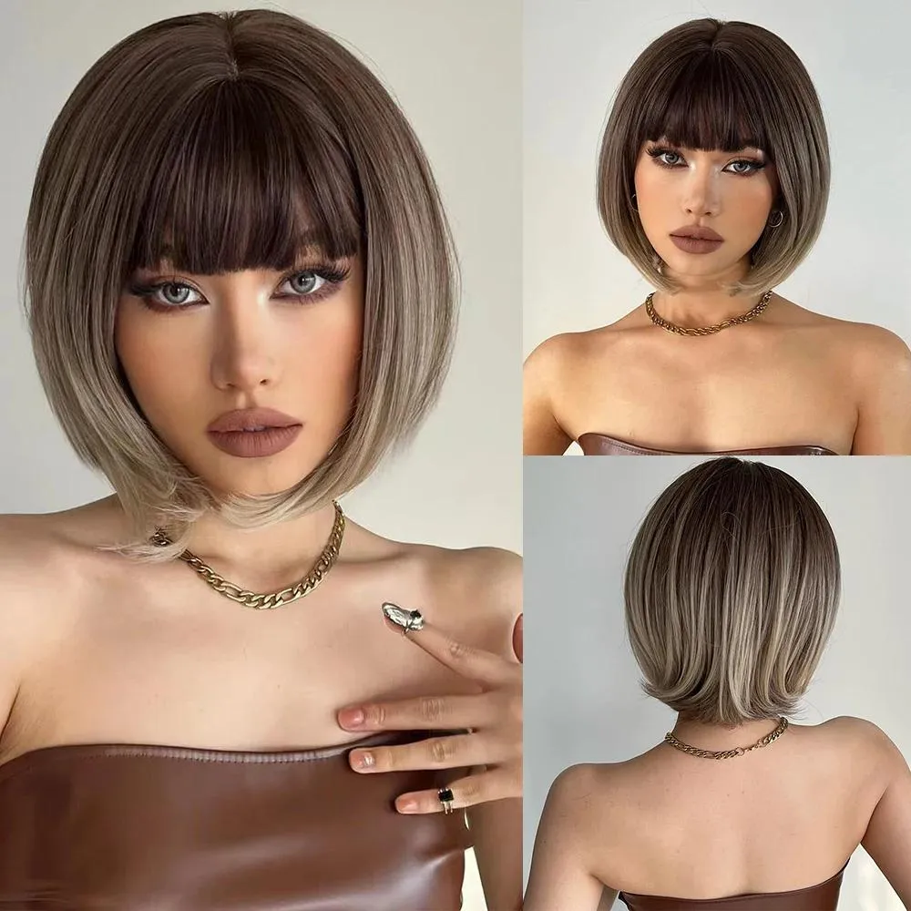 Perucas onenonly curto bobo peruca ombre marrom loira cinza perucas sintéticas com franja cosplay natural cabelo diário para mulher resistente ao calor