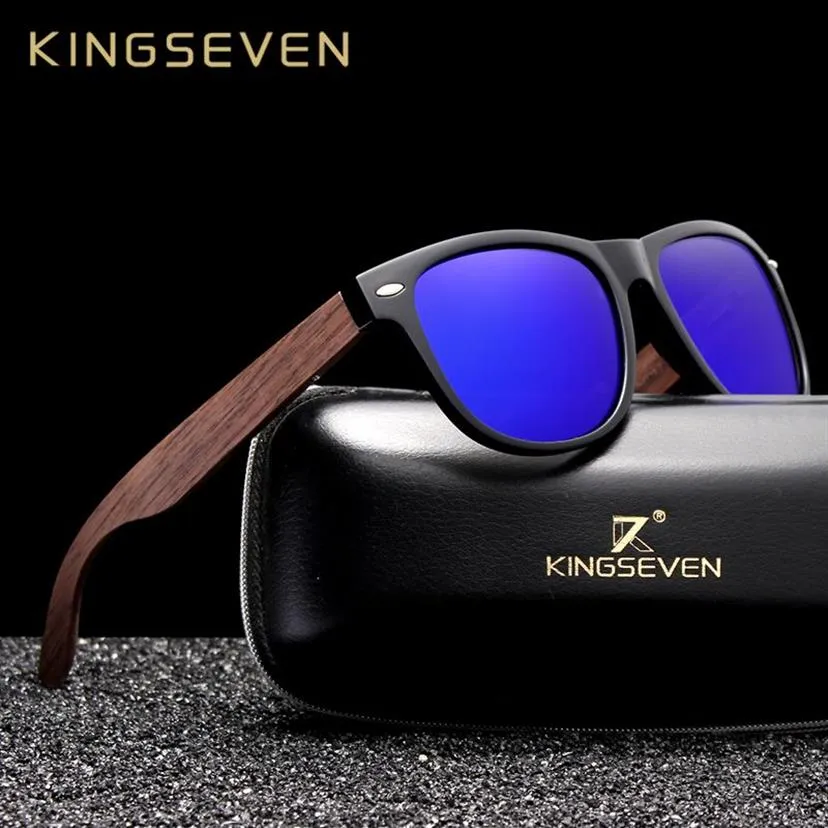 KINGSEVEN lunettes de soleil en noyer noir faites à la main pour hommes lunettes en bois femmes miroir polarisé Vintage Design carré Oculos de sol CX200707228g