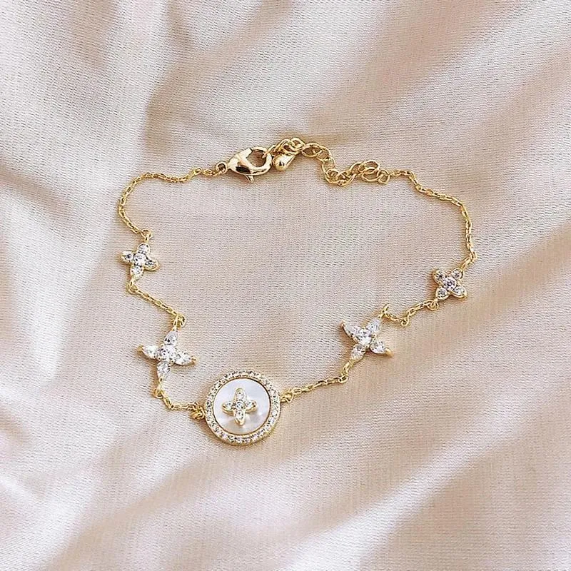 Link Bracelets Plum Blossom Crystal Stone Stainless Steel Bracelet For Women Fashion Zircon Adjustable Charm Hand Jewelry Gift