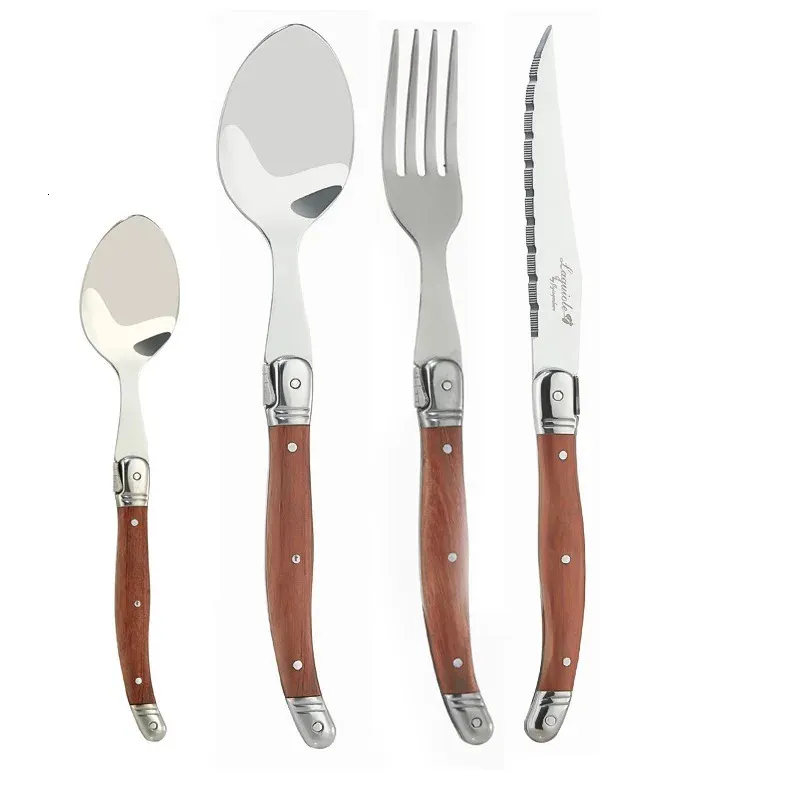 4-24pcs Laguiole Steak Knives Dinner Forks Table Spoon Mini Coffee Teaspoon Wood Handle Cutlery Restaurant Bar Wooden Tableware 240105