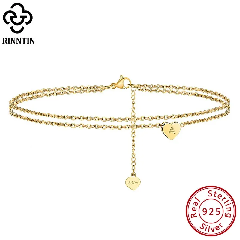 Rinntin 925 Sterling Silver Fashion Lettera Iniziale Cavigliere a cuore per le donne 14K Oro Bracciale a catena alla caviglia Gioielli a piedi nudi SA18 240104