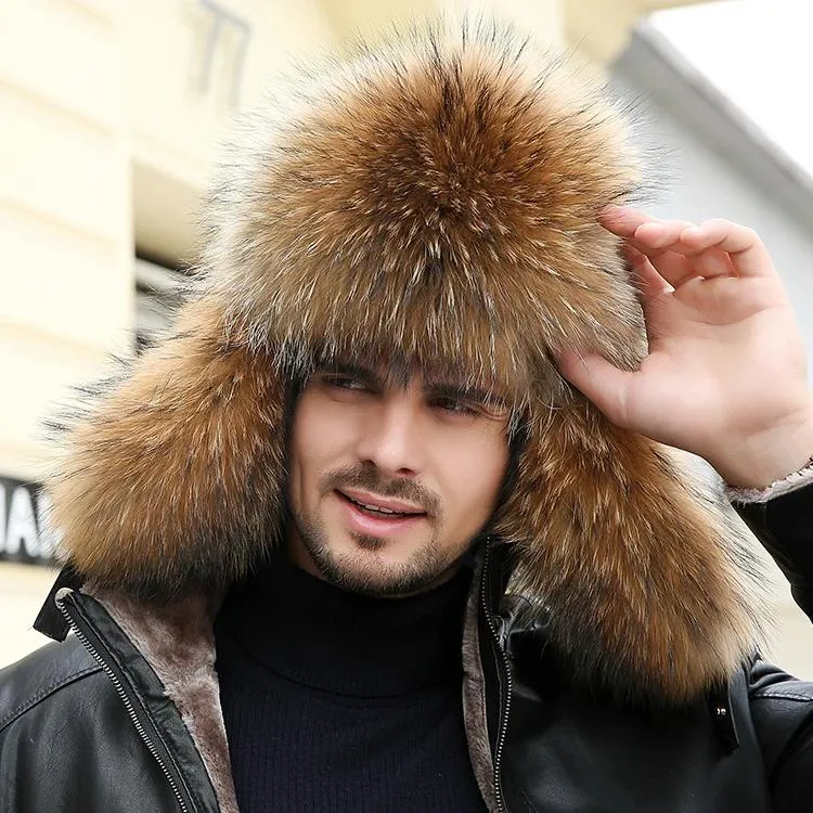 Caps Zdfurs*winter Men's 100% Real Sier Fox Fur Bomber Hat Raccoon Fur Ushanka Cap Trapper Russian Man Ski Hats Caps Real Leather