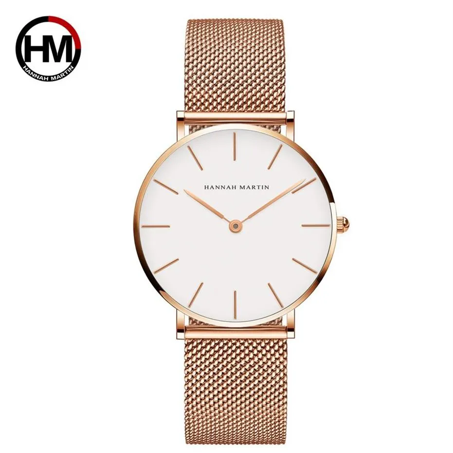 Relogio Feminino Hannah Martin Luxury Brand Women Watches Rostfritt stål Mesh Rose Gold Waterproof Clock Fit DW Style Ladies Quar2649