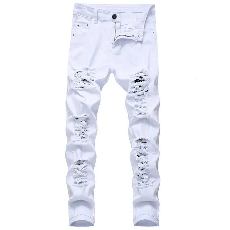Брюки с прямыми отверстиями, потертые джинсы, мужские джинсовые модельерские брендовые белые брюки, мужские большие размеры 40 42 240104