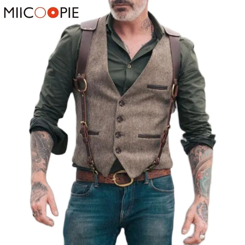 Jackor Retro Patchwork Imitation Leather Vest Mens Jackor Single Breasted Casual For Men Suits Business Slim Fit Costume Gilet Homme