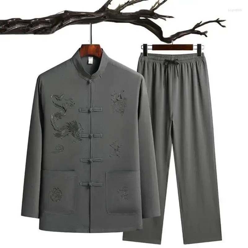 Herrspår 2024 Långärmad fars taiji kostym Autumn Cotton Linen Chinoiserie Coiled Loose Tang