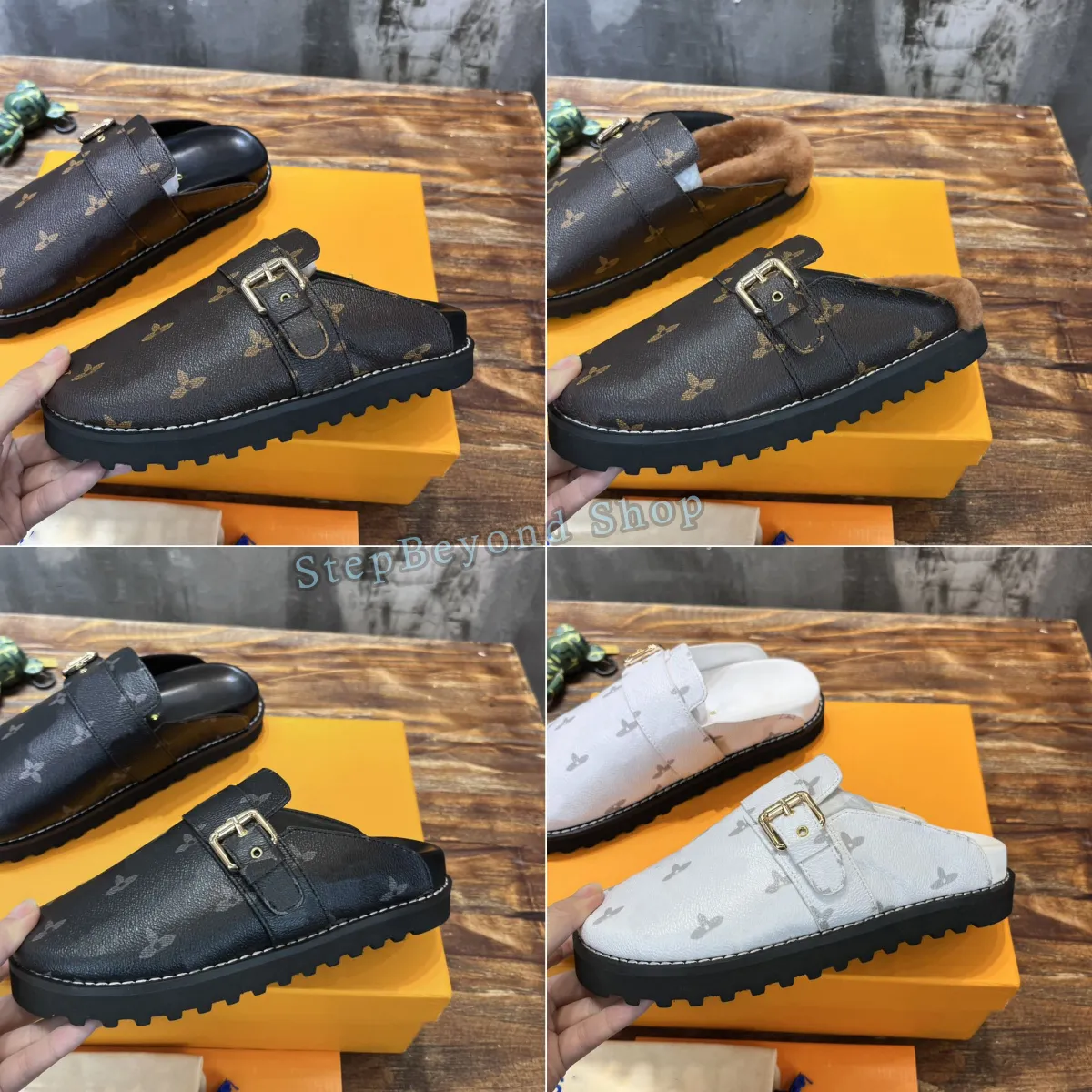 Designer tofflor mysig komforttrosa mulor sandaler kvinnor män platt pälsläder mule tofflor mode vinter varma plysch bilder justerbar remstorlek 35-45