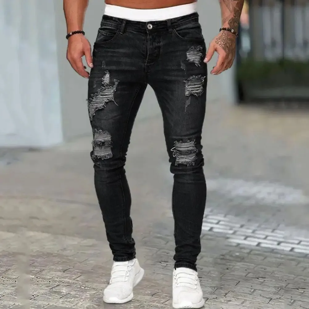 Men Straight Fit Jeans Retro Style Stylish Men's Ripped Slim Breathable Fabric Hop Streetwear Mid Waist 240104