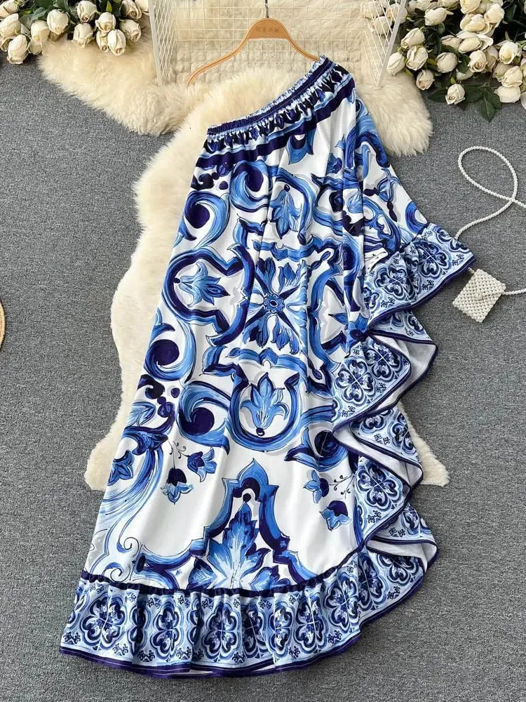 Summer Runway Blue And White Porcelain Asymmetry Long Dress Women Sexy Off The Shoulder Ruffles Hem Loose Robe Maxi Vestidos 240105