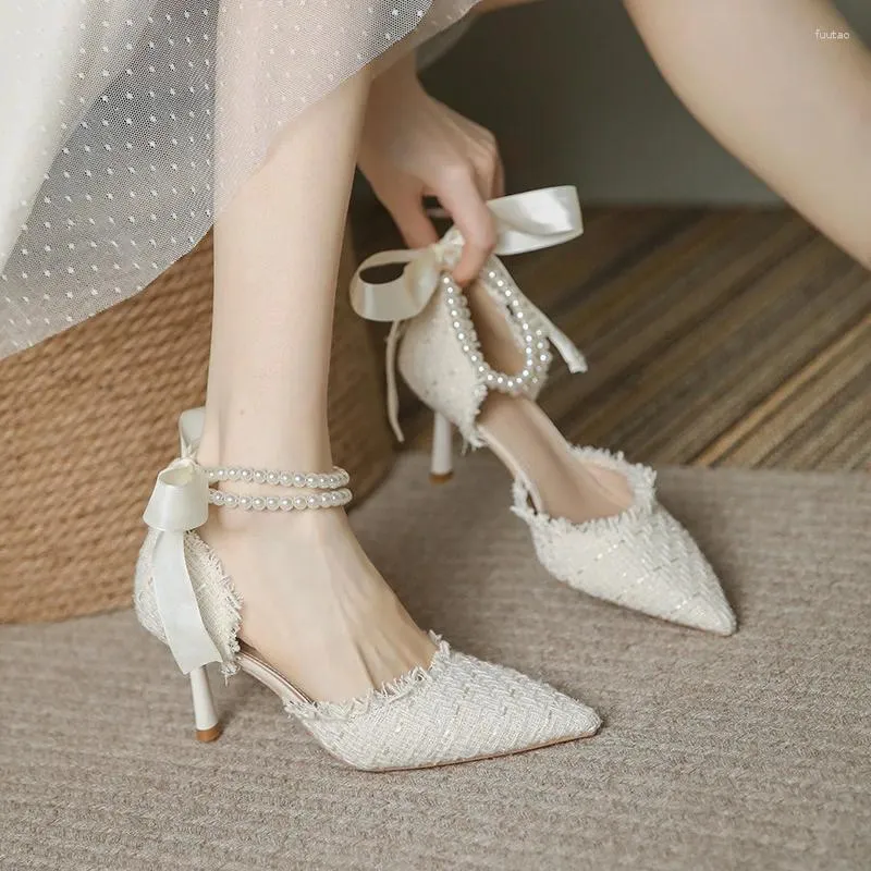 Sandals Pumps Womens Frenum Method Wedding Design String Bead Pearls High Heels Lady Sexy Elegant Pointed Toe Pearl Shoes