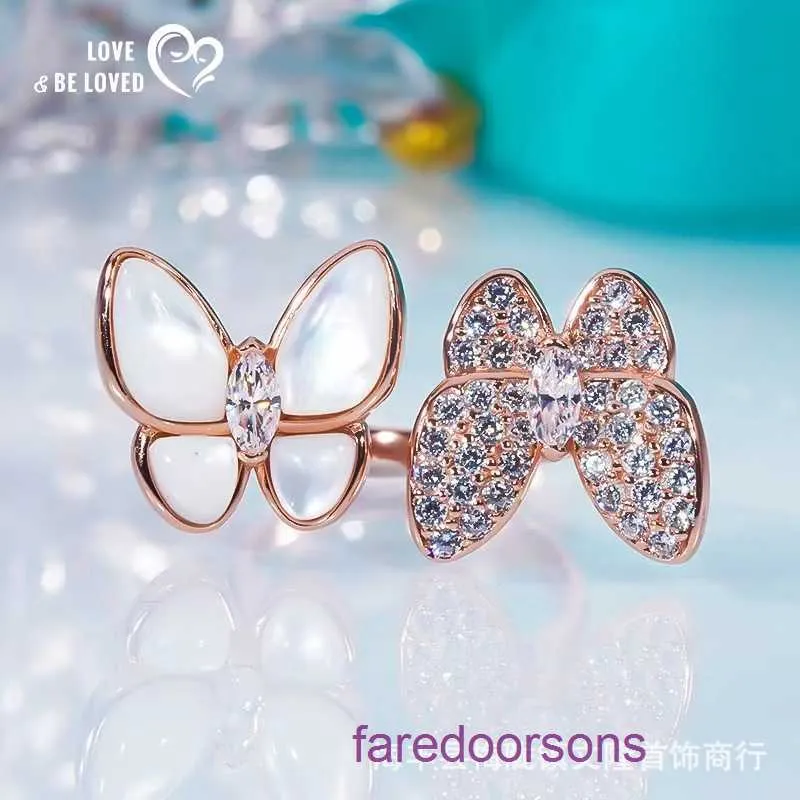 Tifannissm High Quality designer rings for sale Double Butterfly Natural Fritillaria Set Full Diamond Ring Finger Plated 18k Rose Gold White Have Original Box