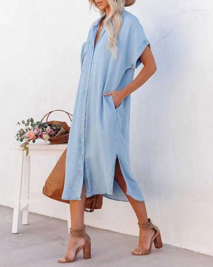 Casual Dresses Women Solid Color Denim Dress Shirt Neck Batwing Sleeve Street Loose Split