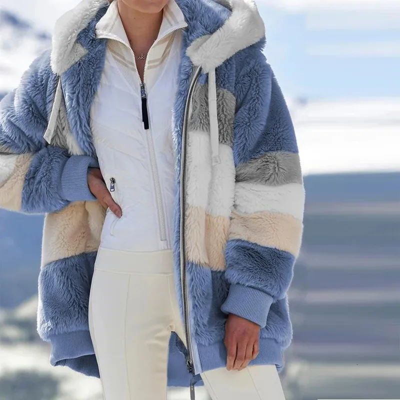 Abrigo de felpa de invierno para mujer, chaquetas con capucha y cremallera, chaqueta informal de gran tamaño con costuras a cuadros de piel sintética, chaqueta Parka cálida para mujer 240104