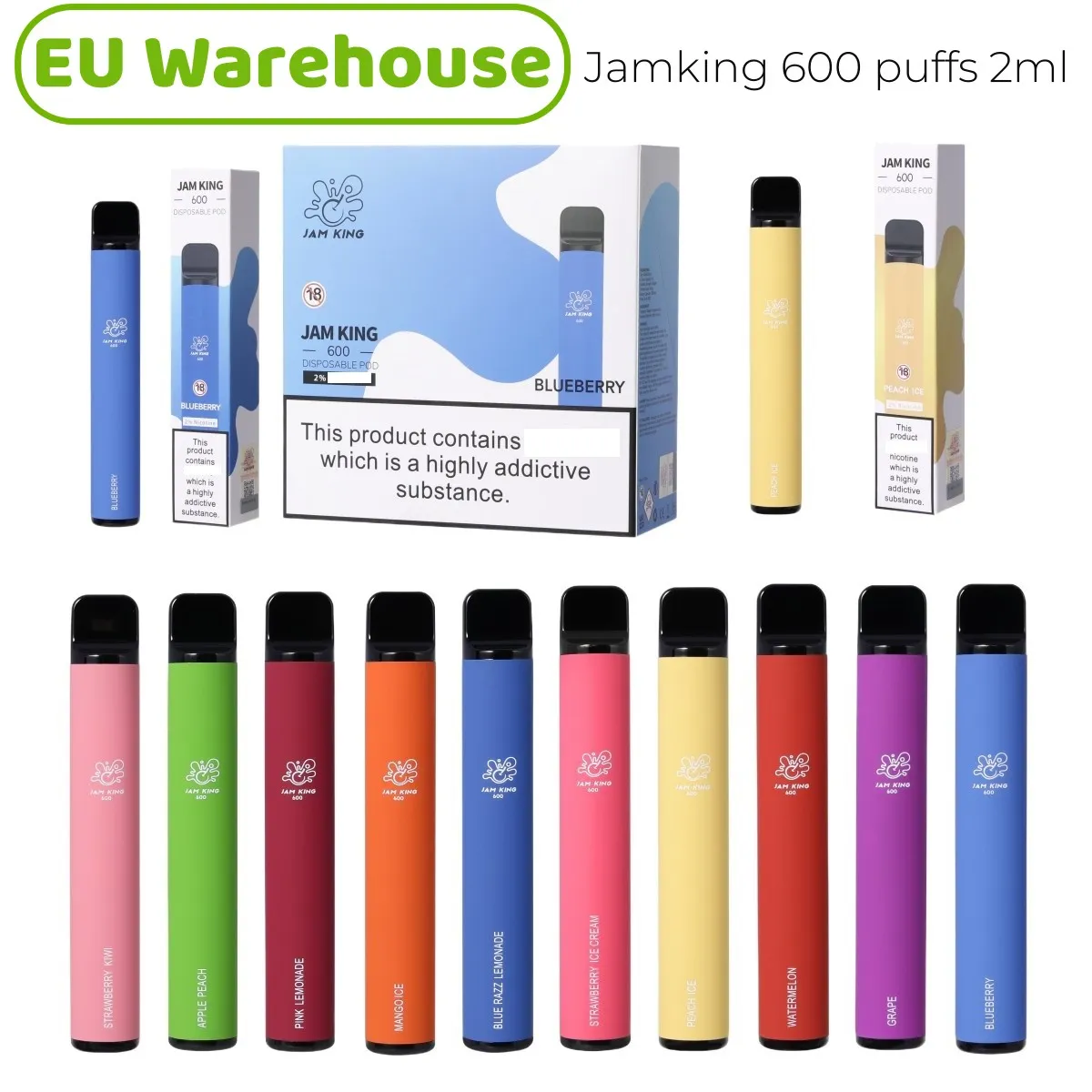 EU Stock Jam King Ecig Vapes Puff 600 2ml E-juice 10 gusti Sigaretta usa e getta Cina all'ingrosso Vape Stick 550mAh Batteria 20mg Nic Mesh Coil