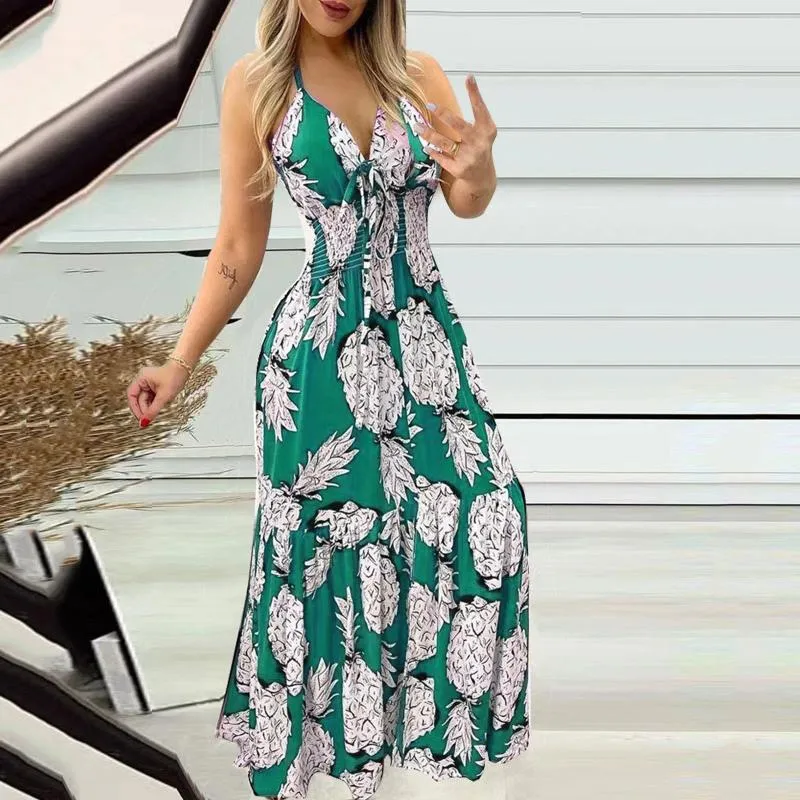 Casual Dresses 2024 Ladies Printed Sling Long Spaghetti Strap Deep-V Neck Low-Cut Maxi Dress Summer Beach Boho