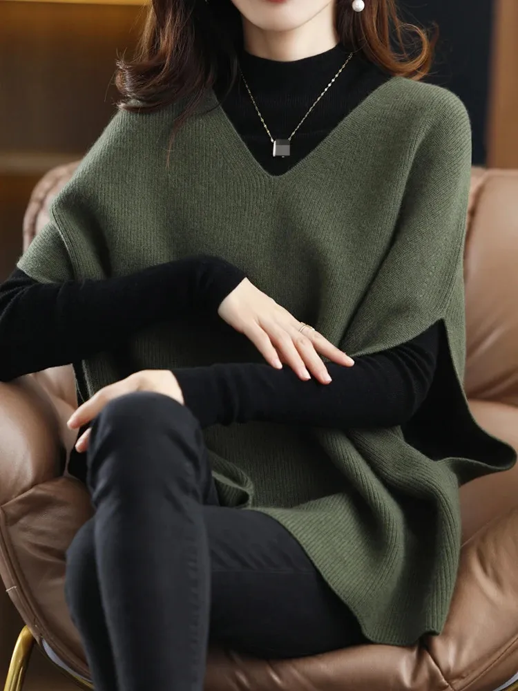 Модные женские свитера 2023, осень-зима, однотонный вязаный жилет с v-образным вырезом, свободный повседневный пуловер без рукавов, топы для одежды 240105