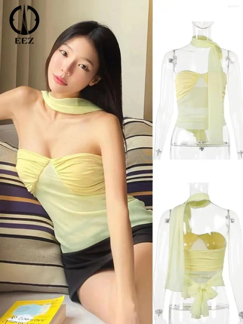 Women's Tanks Women Sexy See Through Slim Crop Top With Gauze Scarf Y2k Sweet Tank Summer Off Shoulder Coquette Aesthetic Strapless