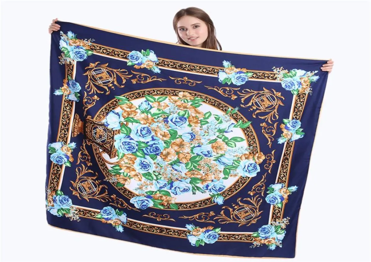 Nouveau Foulard en soie sergé femmes Espagne Royal Floral impression foulards carrés mode Wrap femme Foulard grand Hijab châle Foulard 136497202