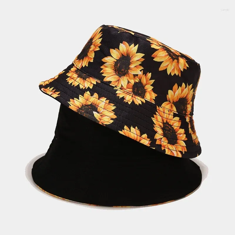 Beret Bucket Hat Kobiety Summer Sun Beach Słoneflower Reversible Dreyble Męs